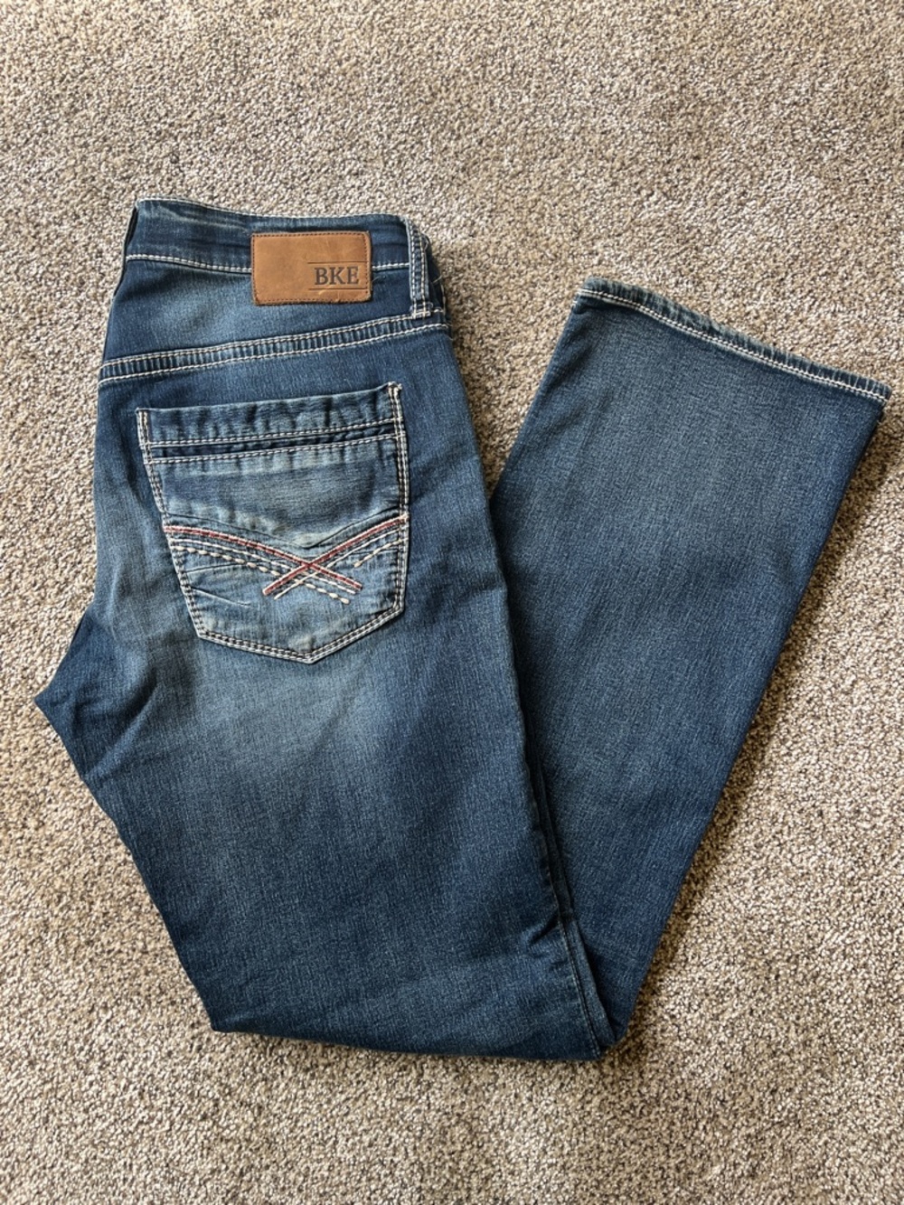 BKE Men’s Blue Straight Jeans with Contrast Pocket Stitching